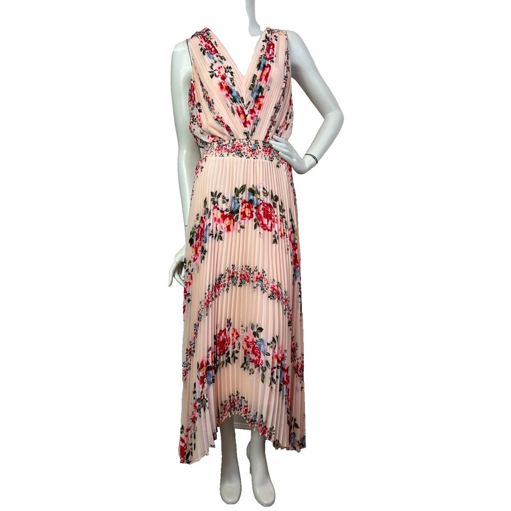 WHBM Maxi Plisse Dress Size 4 Pink Floral Chiffon V-Neck Sleeveless Zip EUC - Picture 6 of 15